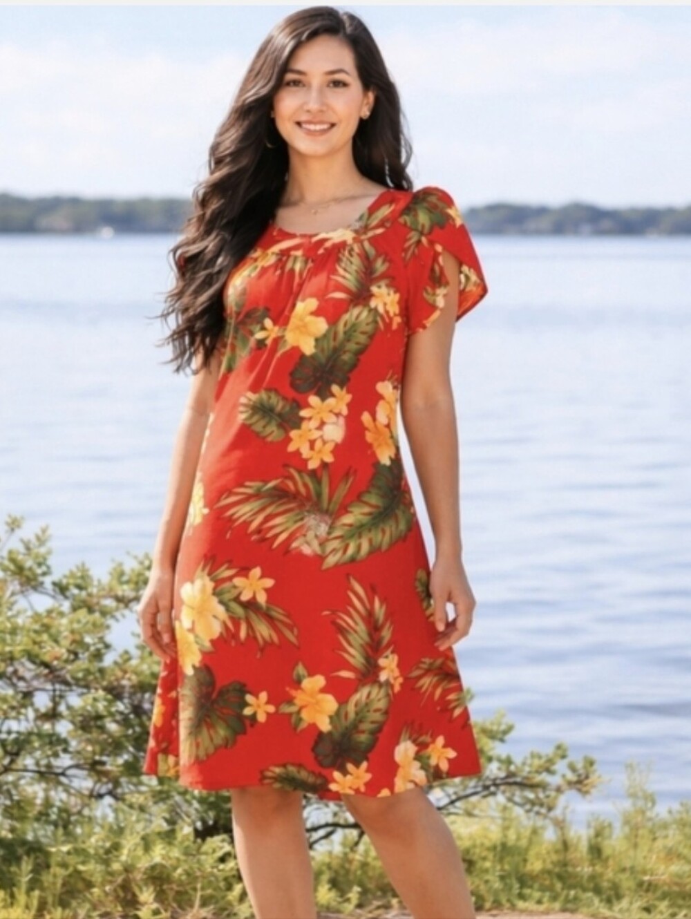 Puanani Hawaiian Dress Red Floral Cotton Tropical Aloha Tulip Sleeve Beach Sz S